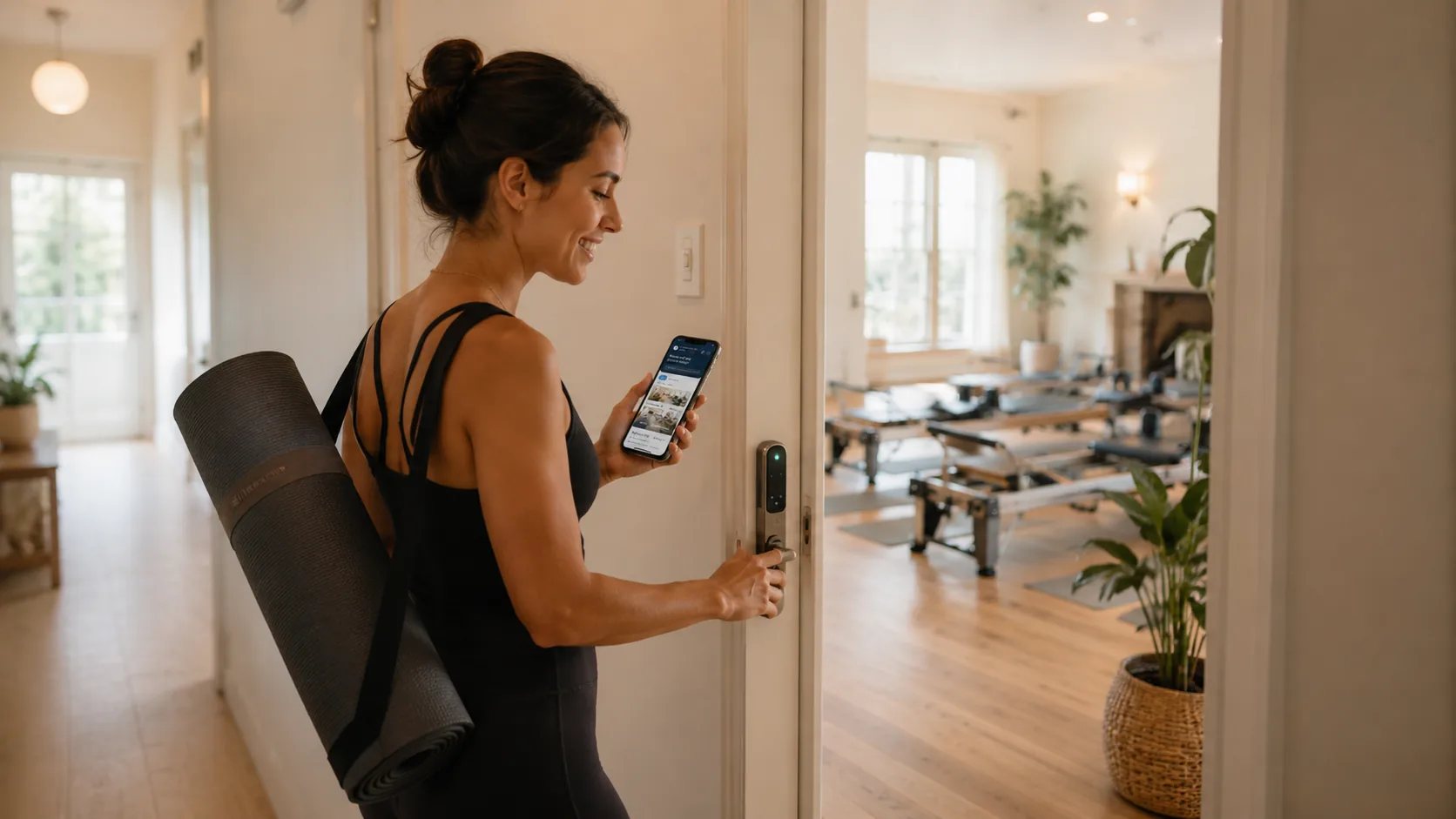 A practitioner with a mat over her shoulder opening a keypad door onto a pilates studio.