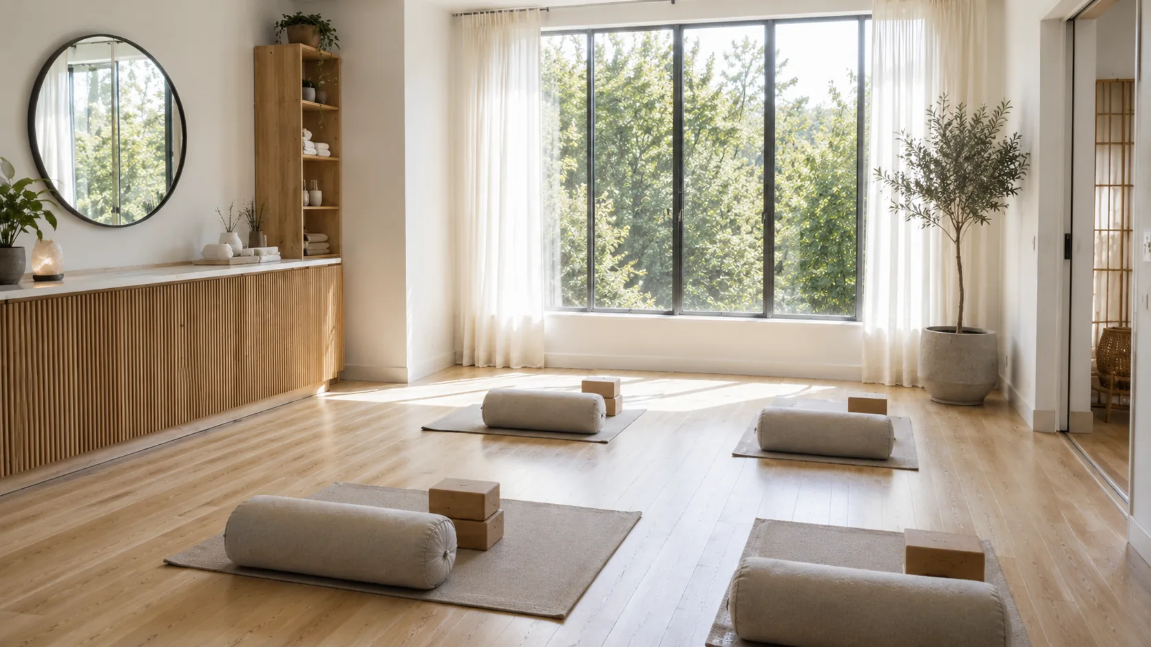 A movement studio with mats, bolsters and a mirror.